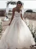 Classic Boho Tulle A-Line Wedding Dresses Long Beach Bridal Gowns Sleeveless Sweetheart Neck Lace Appliqued Exposed Boning Corset Bride Vestido De Novia