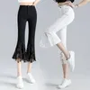 Kvinnors byxor koreanska mode dambyxor kvinnor spetsar hög midja blossade streetwear elastiska slim harajuku pantalones capris mujer