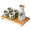 Service à saké japonais en céramique avec 1 flasques et 4 tasses Ochoko Saki Motif bambou vert Cadeaux de vin asiatiques traditionnels