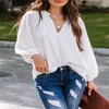 Women's Blouses Women Casual Blouse Solid Color Loose Long Sleeve V-neck Tops Ladies Elegant Pullovers For Daily Fall Spring Clothing