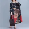 Casual klänningar damer kvinnor klär våren höst kinesisk stil vintage tryck lång vestidos kvinnlig elegant femme lös bat ärm