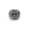 Party Favor Sterling Silver Vintage Thai Color Flower Leaf Shaped Big Crystal Ring for Woman With Purple Stone Amethyst