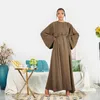 Etnische kleding moslim bescheiden 6 -stijl zomer zomerse mouw stevige kleur losse veter maxi gewaden abaya satijnen zachte dunne jurken