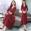 Casual Dresses V-neck Bright Silk Women Dress Ladies Long Sleeve Vestidos Elegantes Para Mujer Spring Autumn Fashion Robe Femme