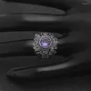 Party Favor Sterling Silver Vintage Thai Color Flower Leaf Shaped Big Crystal Ring for Woman With Purple Stone Amethyst