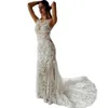 Abiti da sposa sexy boh￩mien sirena di pizzo appliques illusione del collo dell'equipa