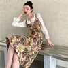 Casual Kleider 2022 Herbst Quadrat Kragen Blumen Druck EINE Linie Dame Vintage Flare Hülse Jacquard Spitze Zwei Stück Kleid Frauen mode Robe