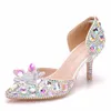 Sandali singoli femminili da donna eleganti con tacco alto Scarpe da sposa con fiore di strass oro Scarpe a punta