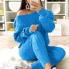 Träningsoveraller Dam Set 2022 Damer Casual Solid Off Shoulder Kabel Stickad Vinter Varm Långärmad 2PC Loungewear Kostym Outfits