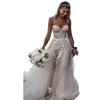 Classic Boho Tulle A-Line Wedding Dresses Long Beach Bridal Gowns Sleeveless Sweetheart Neck Lace Appliqued Exposed Boning Corset Bride Vestido De Novia