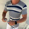 남자 T 셔츠 남성용 패션 스트라이프 셔츠 머서 화면 니트 티셔츠 언더 셔츠 슬림 한 캐주얼 티 탑
