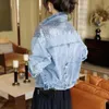 QNPQYX Neue Frühling Herbst Denim Jacke Frauen Mode Pailletten Kurze Revers Jean Mäntel Frau Casual Volle Hülse Lose Taste Mantel