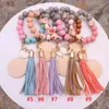 Silicone Key Ring Bracelet Beaded Wrislet Keychain Portable House Car Keys Holder Wrist for Women Bangle Cute Keyrings Chains Girls with Leather Tassel ss1227