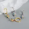 Studörhängen 925 Sterling Silver Shiny Colored Zircon Star Charms Hoop Female Dainty Jewelry