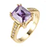 Anneaux de mariage de luxe femme violet carré cristal bague vintage jaune or pour les femmes promettent grand zircon pierre fiançailles