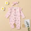 Clothing Sets Born Baby Girls Floral Printing Outfits Clothes Long Sleeve Button Romper Bow-knot Headband 2pcs