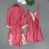 Pigiameria da donna Primavera Sexy Applique Cardigan Abito Camicia da notte senza schienale 2 pezzi Abbigliamento da notte casual Abbigliamento da notte Kimono
