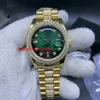 Les hommes automatiques regardent 36mm boîtier en or pierres lunette et diamants au milieu du bracelet visage vert montres-bracelets de haute qualité218S