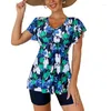 Kvinnors badkläder Floral bundet front Ruffle Hem Layer Women's Tankini Set 2xl Plus Size Swimdress med Legsuit Boyshorts baddräkt