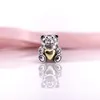 925 Sterling Silver Bear My Heart with Gold Plated Heart Bead Fits European Pandora Jewelry Charm Bracelets