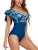Women's Swimwear Women Bodysuit Bikini Swimsuit Floral Print One Shoulder Ruffled Sleeveless Backless Swim Beachwear
