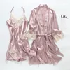 Women's Sleepwear Women's 2023 Summer Ice Silk Nightgown Long Sleeve Bridal Morning Gown Thin Sexy Lace Suspender Two Piece Set Robe