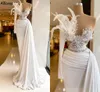 Unique Feathers Modest White Mermaid Prom Dresses Elegant One Shoulder Lace Pearls Beaded Evening Party Gowns Ruched Peplum Reception Engagement Dress CL1632