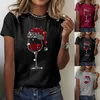 T-shirts femme t-shirt soyeux femmes quotidien tasse de vin imprimé O cou hauts manches courtes rond coton longue chemise pour