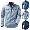 Men's Casual Shirts Men's Plus Size Top Shirt Striped Flag Washed Gradient Denim Long-sleeved Button Pocket Formal Male Brand Clothes