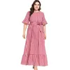 Ethnic Clothing 2022 Muslim Plus-size Simple Fashion Plaid Splicing Thin Flounce Medium Short Sleeve Summer Dress Loose Moroccan Kaftan