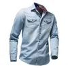 Men's Casual Shirts Men's Plus Size Top Shirt Striped Flag Washed Gradient Denim Long-sleeved Button Pocket Formal Male Brand Clothes