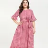 Ethnic Clothing 2022 Muslim Plus-size Simple Fashion Plaid Splicing Thin Flounce Medium Short Sleeve Summer Dress Loose Moroccan Kaftan