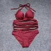 Mulheres de banho 5 cores biquíni sexy sólido cruz bandagem oco halter maiô feminino conjunto biquinis maiô