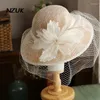 Headpieces NZUK Women Wide Brim Linen Fascinator Hat Cocktail Wedding Party Church Headpiece Lace Headwear Lady Hair Accessoriy Veil Fedora