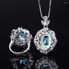 Pendant Necklaces Charms Water Droplet Paraiba Blue High Carbon Diamond Adjustable Ring Necklace Wedding Party Fine Jewelry Set Female Gift