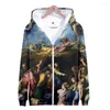 Hoodies masculinos mundialmente famosos de pintura de arte com zíper do zíper dos montes de impressão 3D de impressão 3D Moletom com capuz Homme para unissex