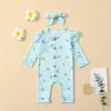 Clothing Sets Born Baby Girls Floral Printing Outfits Clothes Long Sleeve Button Romper Bow-knot Headband 2pcs