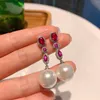 Dangle Küpeler Lüks Moda 14mm İnci Ruby Emerald Damla Kadınlar İçin Zarif Parti Takılar Güzel Takı Evlilik Yıldönümü Arkadaş Hediyesi