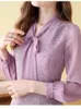 Casual Dresses Elliexi Purple Tweed Dress Women 2023 Autumn and Winter Stitching Scarf Collar Bow Party Elegant Office Lady Vestidos