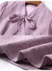 Vestidos casuais Elliexi Purple Tweed Dress Women 2023 Autumn e Winter Stitching Scoarf Collar Bow Party Elegant Office Lady Vestidos
