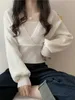QNPQYX 새로운 니트 농작물 스웨터 여성 풀오버 빈티지 캐주얼 디자인 니트 탑 2023 가을 솔리드 한국 패션 가짜 2 피스