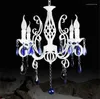 Chandeliers Retro Rustic Wrought Iron Chandelier E14 4pcs LED Candle Light Pure White Vintage Antique Blue Crystal Haning Lamp For Home