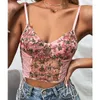 Damestanks vrouwen sexy roze tanktop bloem borduurwerk v-neck slanke camisole vrouwelijke tie-up crop tops vest spaghetti banden camis