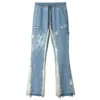 Męskie dżinsy High Street Washed Distressed Stitching Męskie proste luźne spodnie Workowate nogawki