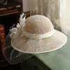 Headpieces NZUK Women Wide Brim Linen Fascinator Hat Cocktail Wedding Party Church Headpiece Lace Headwear Lady Hair Accessoriy Veil Fedora