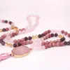 Halskette-Ohrringe-Set, 108 Mala, geknotet, langes antikes Gold, Lotus-Charme-Armband, Mischung aus Natursteinen, mehrfarbige Kombinationen, rosa rote Quasten