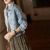 QNPQYX Neue Frühling Herbst Denim Jacke Frauen Mode Pailletten Kurze Revers Jean Mäntel Frau Casual Volle Hülse Lose Taste Mantel