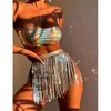 Dames badkleding rave outfits holografische bikini set 3 stuks zwempak glitter veter badende pakken met bodem kwastjes rok voor vrouwen