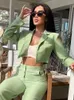 Kadınlar Suits Evfer Bahar Kızlar Moda Arka Dantel Yukarı Yeşil Kısa İnce Blazers Kadınlar Uzun Kollu Yüksek Bel Yaz Katı Ceketler