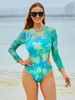 Women's Swimwear Women One Piece Long Sleeve Mesh Swimsuit Print Bathing Suit Cut Out Monokini Sexy Bodysuit